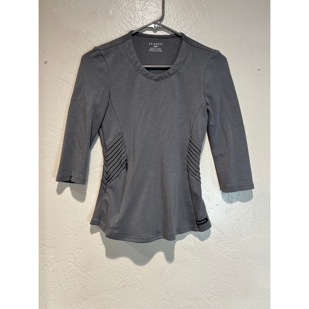 Jaanuu Women XXS Charcoal Gray Moto Ribbed 3/4 Sleeve V-Neck Scrub Top Pockets